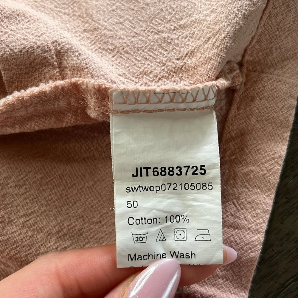 Light pink salmon cotton SS button up collared euro summer casual prep crop top - Picture 9 of 10